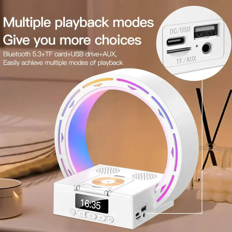 4 In 1 Wireless Bluetooth-compatible Speaker Charging Pad Bedside Lamp With Alarm Clock Wake-Up Light For Bedroom Support USB Drive TF Card Cool Tech House