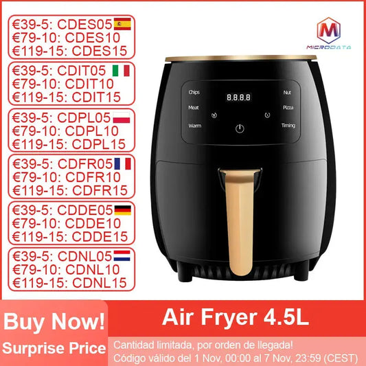 MicroData Air Fryer without Oil 4.5L 1400W Intelligent Deep Air Fryers Cool Tec House