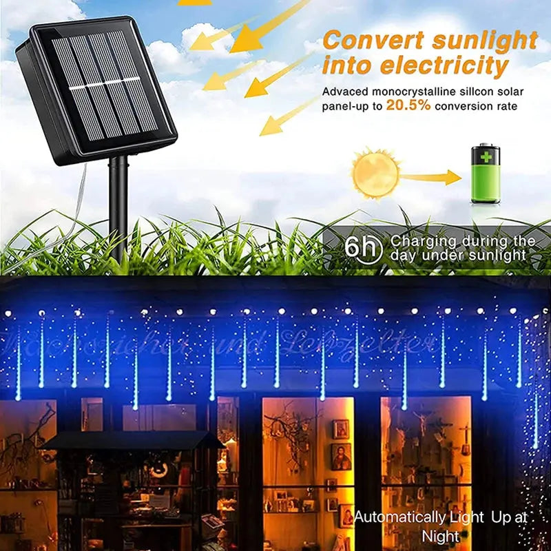 Solar Meteor Shower Rain String Lights Waterproof Garden Light 8 Tubes Christmas Tree Holiday Party Wedding Holiday Decoration Cool Tec House